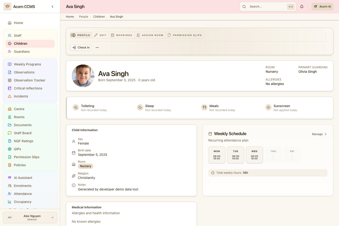 Acorn CCMS child profile with photo, routine status, guardians, and schedule