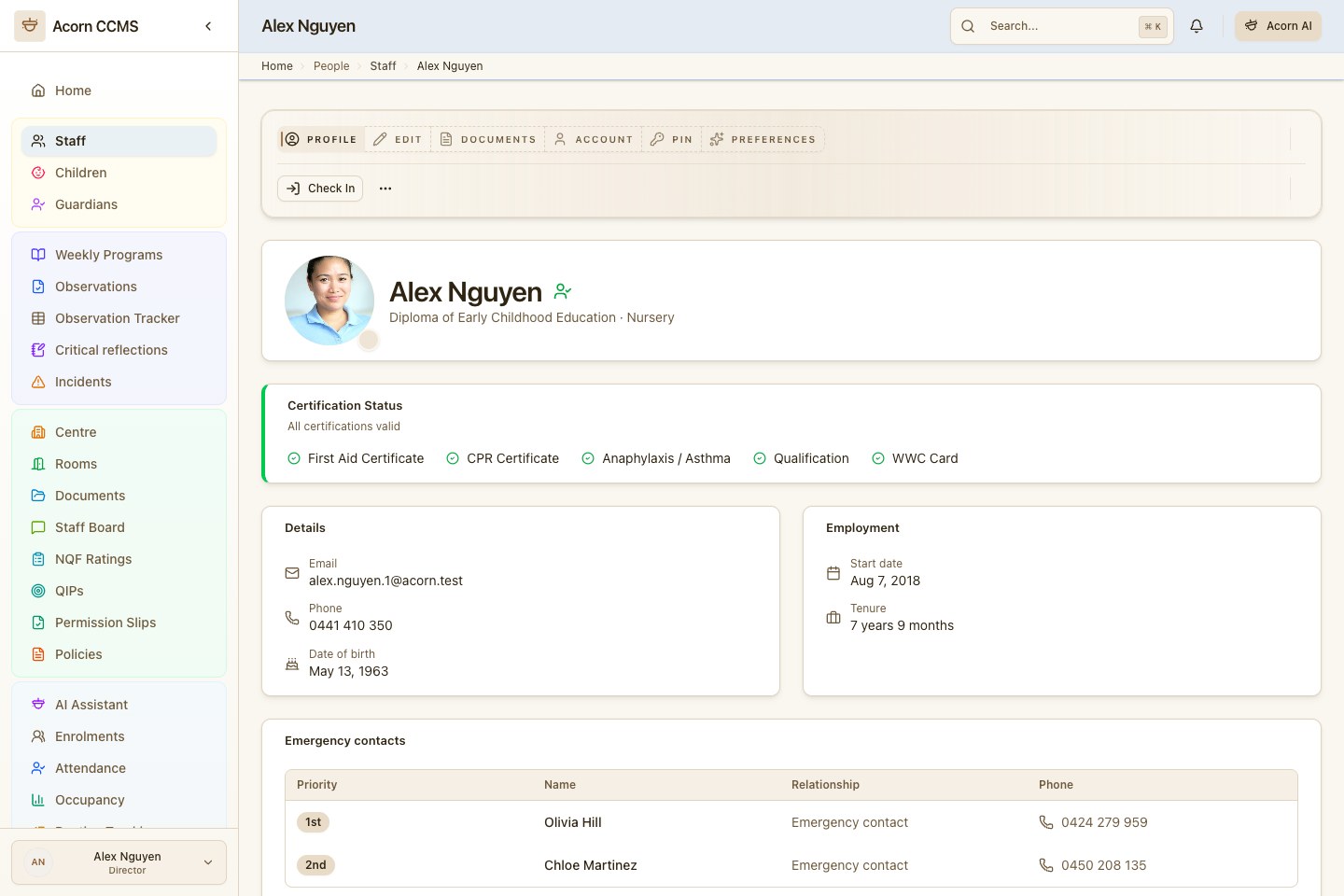 Acorn CCMS staff profile with photo, certifications, and emergency contacts
